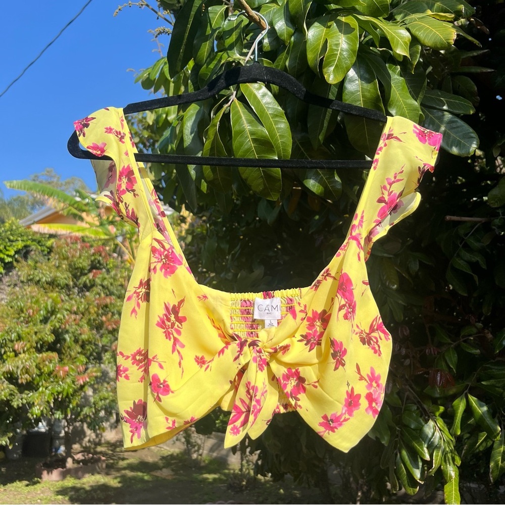 CAMI NYC yellow pink silk tie front ruffle sleeveless cropped tank top blouse
